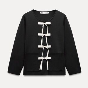 NWT Zara Woman BOWS KNIT CARDIGAN Jacket Top Black Size S Small